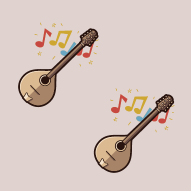 Two mandolins with colorful music notes on a pale pink background