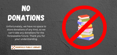 White text on dark background explaining that the library is not taking donations. To the right side is a stack of books with the "not allowed" symbol over it.