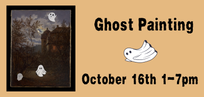 Orange/tan background with painting of a spooky house on the left with ghosts added plus text about program date and time