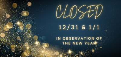 Dark blue background with sparkly gold lights and text about the library's New Year closures