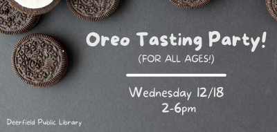 Dark gray background with a photograph of scattered Oreo cookies and white text announcing the library's Oreo Tasting Party