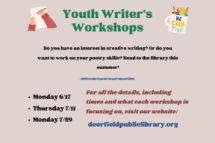 Short blurb about Youth Writer's Workshops including dates on a pale pink background
