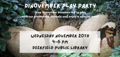 Baby dinosaurs coming out of eggs with overlaying text about the Dinovember Play Party